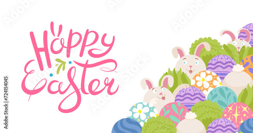 Happy Easter banner with pattern rabbit and colorful Easter eggs. Hand drawn doodle and lettering.