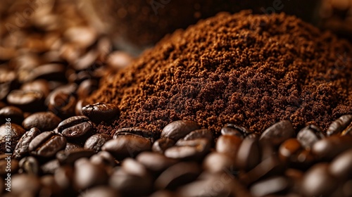 Heap of ground coffee and beans as a background closeup, coffee background, coffee and beans as a background, coffee powder background, coffee banner, coffee ads, coffee powder