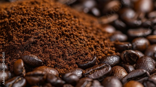 Heap of ground coffee and beans as a background closeup  coffee background  coffee and beans as a background  coffee powder background  coffee banner  coffee ads  coffee powder