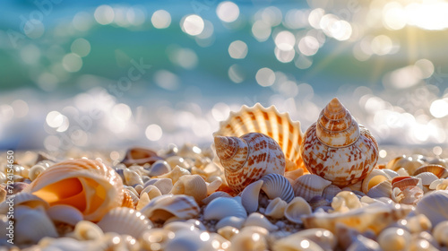 seashells on seashore - beach holiday background , generative ai
