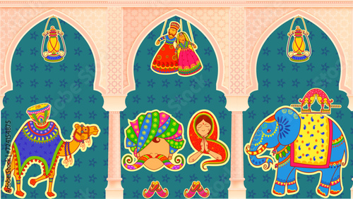 Beautiful Mughal arch, palace, peacocks, parrot, garden, mountain illustration for wallpaper.	Culture of Rajasthan in Indian art style. Vector File.