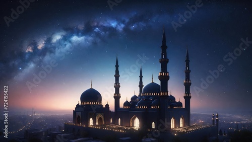 Mosque Silhouette Under Starry Night Sky. Suitable for Ramadan concept, Islamic concept, Greeting card, Wallpaper, Background, Illustration, etc  © dreambender