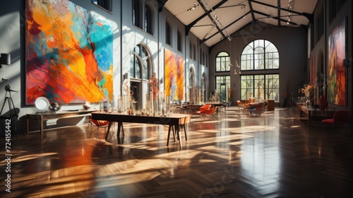 An art exhibition featuring paintings displayed within an impressive interior