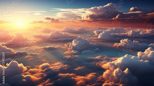 Beautiful aerial view above the clouds at sunset