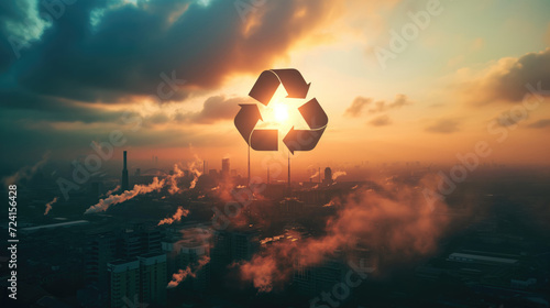 A recycling symbol hovers above an industrial cityscape shrouded in smoke at sunset, juxtaposing the goal of sustainability against current environmental challenges. photo
