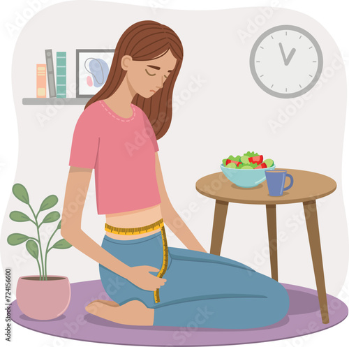 Vector illustration of a woman with an eating disorder sits by the table. Сoncept of anorexia bulimia problem