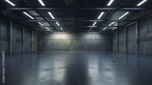 Minimalistic Industrial Style Empty Warehouse Interior - Spacious Concrete Room with Atmospheric Lighting for Film Set or 3D Rendering Background © Michael