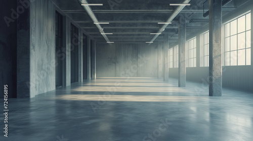 Minimalistic Industrial Style Empty Warehouse Interior - Spacious Concrete Room with Atmospheric Lighting for Film Set or 3D Rendering Background © Michael