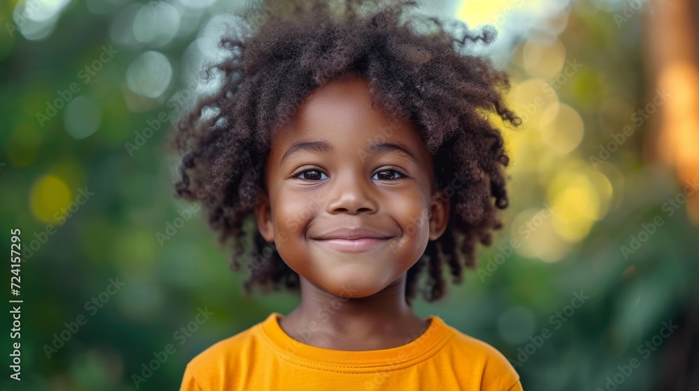 Cheerful black kid in orange t-shirt Generative AI Cheerful black kid in orange t-shirt Generative AI