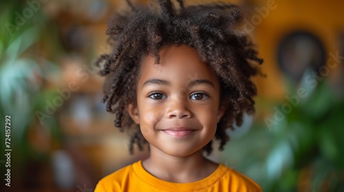 Cheerful black kid in orange t-shirt Generative AI
