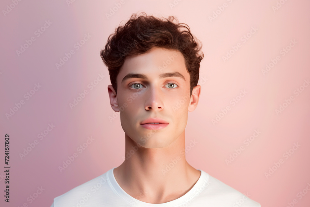 Fototapeta premium Portrait of a handsome man on a colorful background. The posing guy looks at the camera. Teenager. Modern. Fashionable model photography.