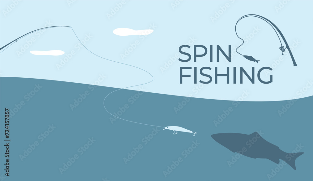 Fishing and active hobby. Fishing spining rod with fishing line. Fish biting a lure. Spin fishing on wobbler bait on the lake or river. Leisure. Оutdoor recreational. Vector illustration flat design. Fishing and active hobby. Fishing spining rod with fishing line. Fish biting a lure. Spin fishing on wobbler bait on the lake or river. Leisure. Оutdoor recreational. Vector illustration flat design.