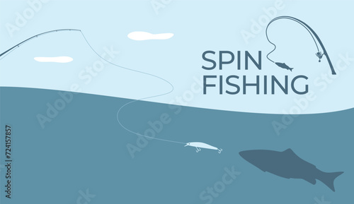 Fishing and active hobby. Fishing spining rod with fishing line. Fish biting a lure. Spin fishing on wobbler bait on the lake or river. Leisure. Оutdoor recreational. Vector illustration flat design.