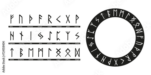 Set of runes with names and rune circle. Runic alphabet, the Elder Futhark. Germanic ancient writing. Fortune telling, predicting, divination. Hand drawn illustration of nordic symbols, vector photo