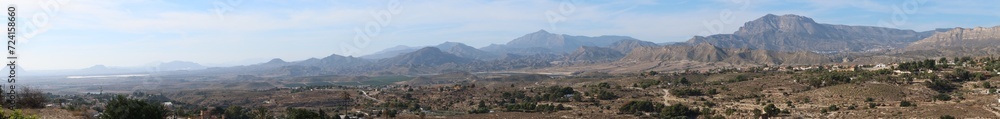 Busot, Alicante, Spain, January 28, 2024: Panoramic of the many mountains that can be seen from Busot, Alicante, Spain