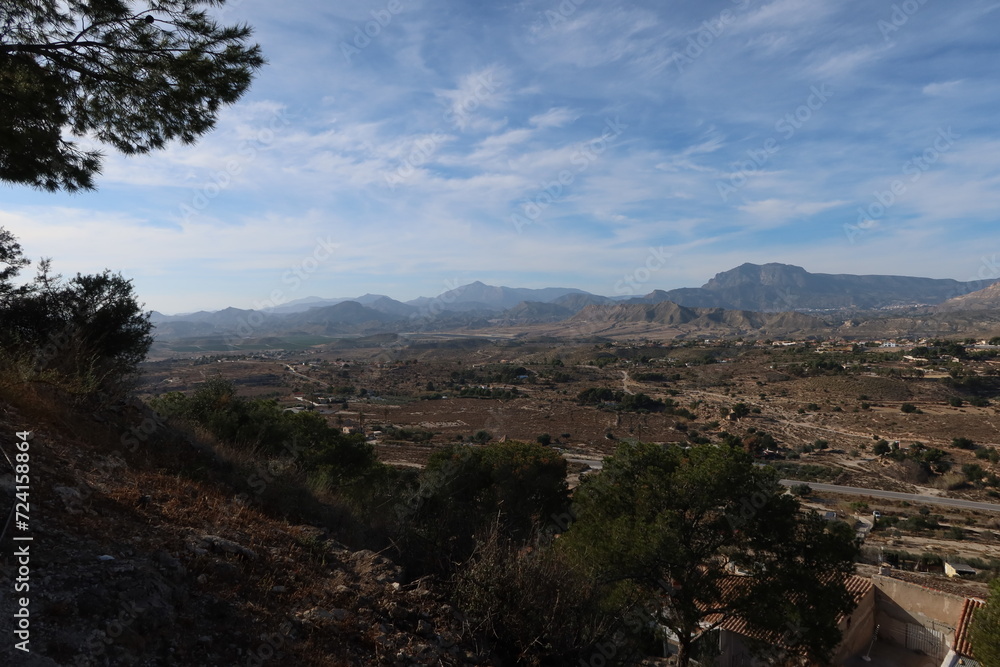 Busot, Alicante, Spain, January 28, 2024: View of the mountains from the Monte Calvario viewpoint in Busot, Alicante, Spain
