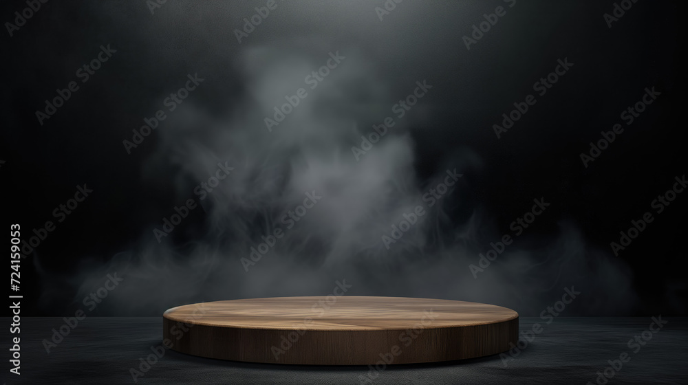 A round wooden pedestal stands enveloped by swirling mist against a dark backdrop, creating a mysterious and dramatic presentation scene.