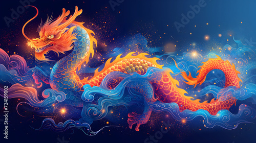 Abstract Illustration of Dragon Flying in Blue Clouds with Gold Glitter. Year of the Dragon 2024. Chinese new year.