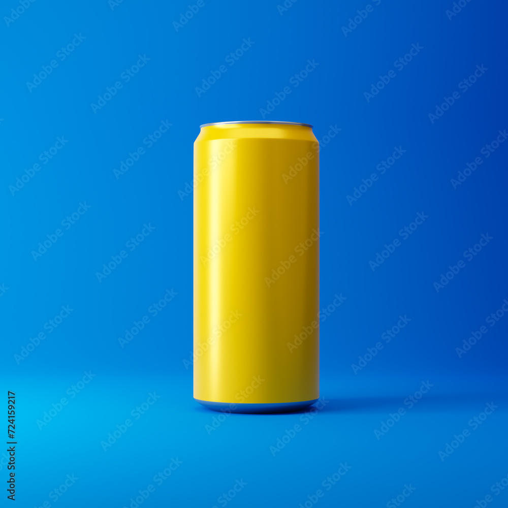 Yellow aluminum soda can isolated over blue background. Mockup template. 3d rendering. Yellow aluminum soda can isolated over blue background. Mockup template. 3d rendering.
