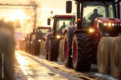 Tractors Line Up in Protest on the street in the city of Europe.  photo