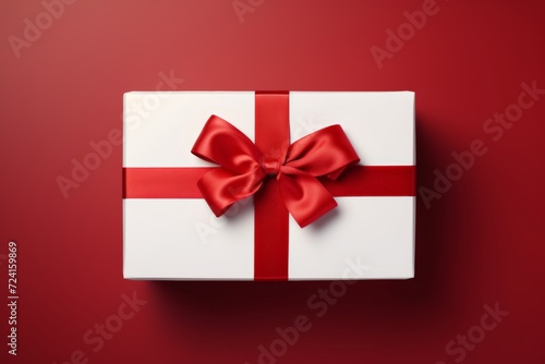 White Gift Box with Red Ribbon on Red Background. Elegant white gift box with a vibrant blue satin ribbon, set against a dark blue backdrop, perfect for special occasions. © JMDuran Photography