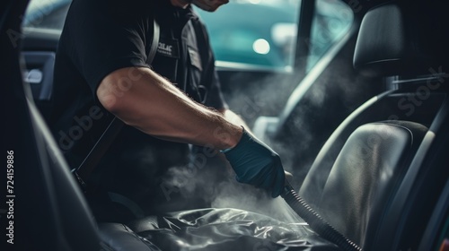 A man in a black shirt and blue gloves cleaning a car. Perfect for automotive and cleaning industry promotions