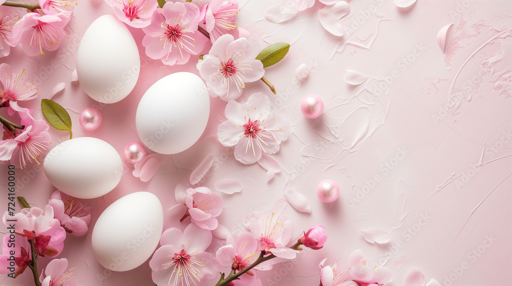 Easter eggs among pink petals and cherry branches, a serene holiday setting perfect for seasonal marketing, invitation cards, and social media posts. Easter eggs among pink petals and cherry branches, a serene holiday setting perfect for seasonal marketing, invitation cards, and social media posts.
