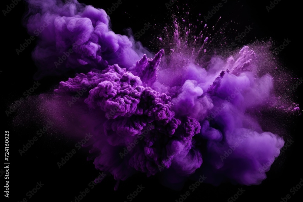 A cloud of purple powder is suspended in the air, creating a vibrant and colorful scene. This image can be used to add an element of excitement and energy to various projects
