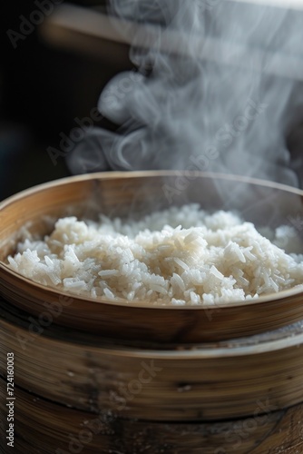 A bowl of rice with steam rising out of it. Perfect for food-related designs and culinary projects