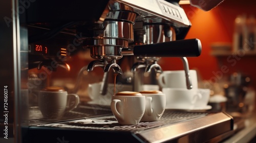 A close up view of a coffee machine with cups of coffee. Perfect for coffee shop promotions and advertisements © Fotograf