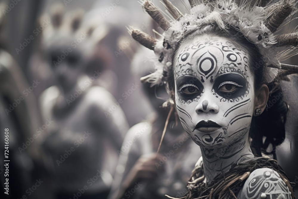 A woman wearing white face paint and a feathered headdress. This image can be used for cultural events or costume parties A woman wearing white face paint and a feathered headdress. This image can be used for cultural events or costume parties