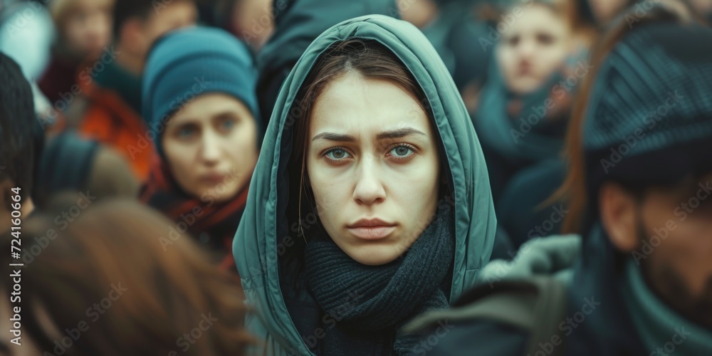 A woman wearing a hood stands out in a bustling crowd. Versatile image suitable for various themes