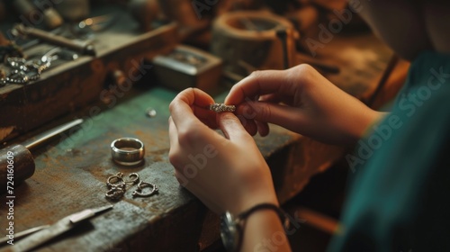 A woman diligently crafting a piece of jewelry. Perfect for showcasing craftsmanship and the art of jewelry making photo