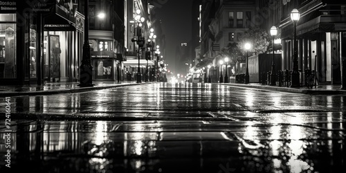 Fototapeta Naklejka Na Ścianę i Meble -  A black and white photo of a city street at night. Perfect for urban and night photography projects