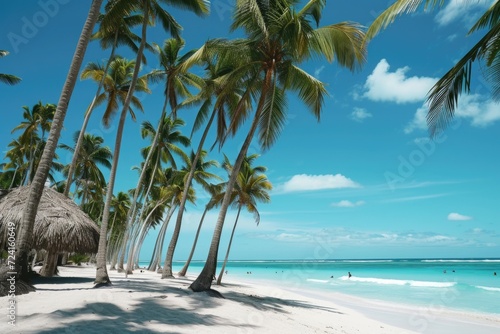 A serene sandy beach with palm trees and a traditional thatched hut. This picture can be used to depict a tropical vacation or a tranquil getaway destination