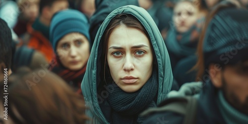 A woman wearing a hood stands out in a bustling crowd. Versatile image suitable for various themes