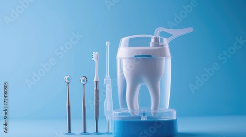 A toothbrush and dental equipment on a blue surface. Suitable for dental hygiene and oral health concepts