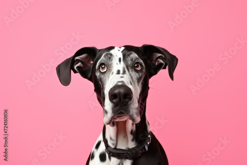 A black and white dog is pictured against a vibrant pink background. This image can be used to add a playful touch to various design projects