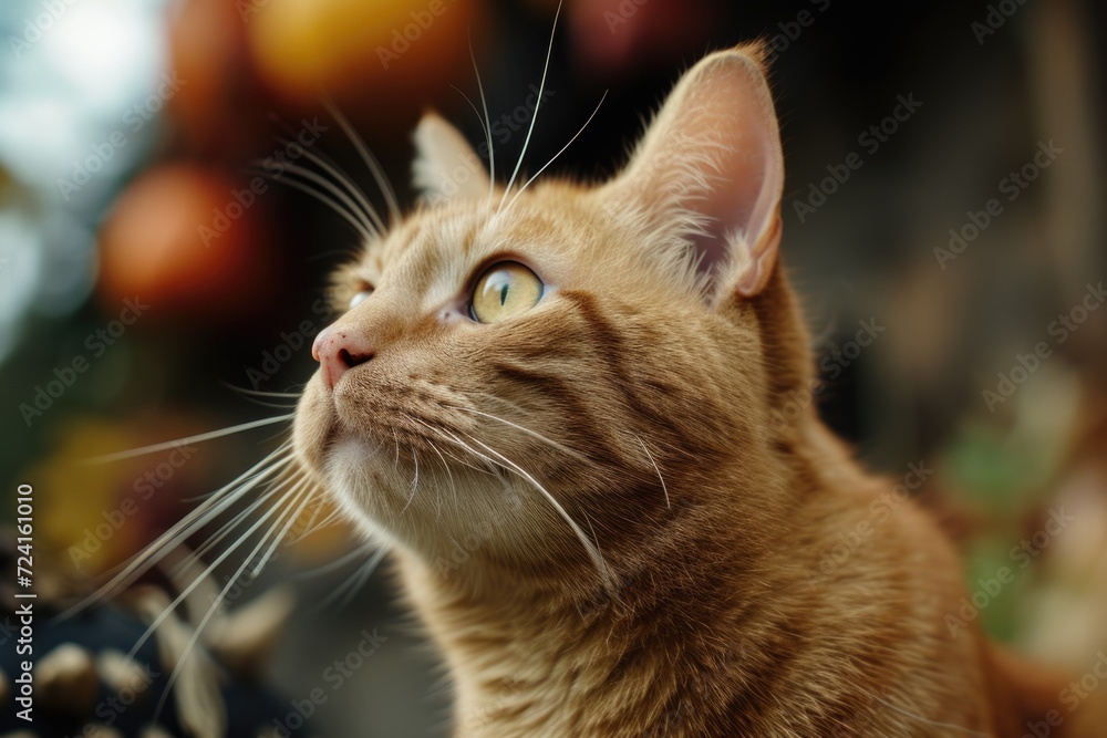 A close-up photograph of a curious cat gazing upwards. Perfect for adding a touch of feline charm to any project or design