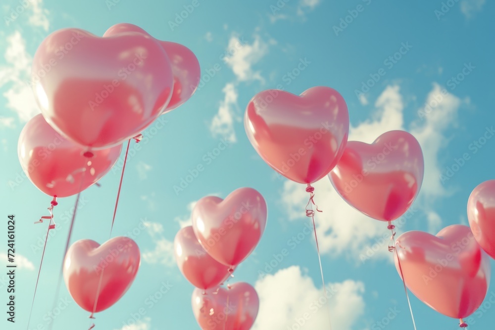 Pink heart shaped balloons floating in the air, perfect for celebrations and romantic occasions