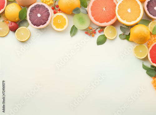 Pastel background clear  there are fresh citrus with limes  oranges grapes strawberries mint evenly distributed   flat lay.