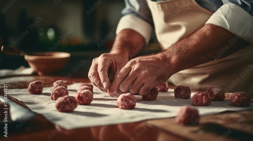 A man in an apron is making doughnuts on a table. This image can be used to showcase baking or cooking activities A man in an apron is making doughnuts on a table. This image can be used to showcase baking or cooking activities