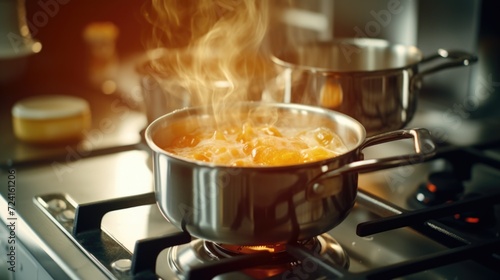 A pot of food is boiling on the stove. This versatile image can be used to depict cooking, meal preparation, or the concept of home cooking