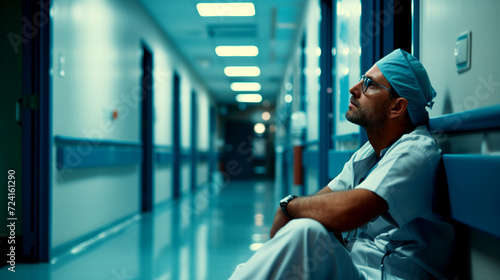 Tired surgeon - resting after surgery in hospital corridor photo