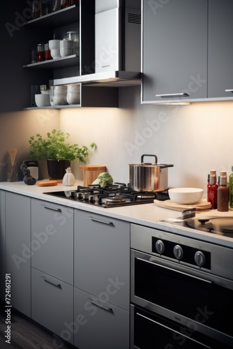 A picture of a kitchen featuring a stove top oven next to a sink. This image can be used to showcase a modern kitchen design or for illustrating cooking and meal preparation in a home setting