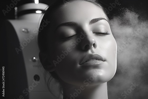 A woman with her eyes closed, experiencing a steam treatment. Suitable for spa and relaxation themes