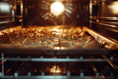 A pizza is baking in an oven with the light on. Perfect for food-related designs and advertisements