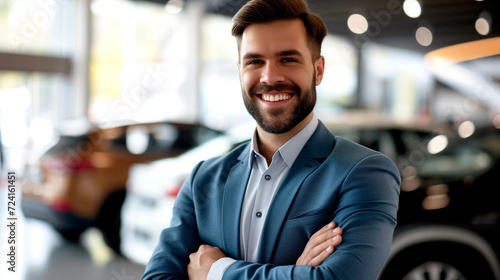 Smiling manager in a car dealership looking at the camera. © PETR BABKIN