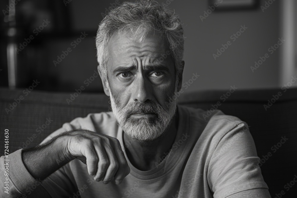 A black and white photo of a man sitting on a couch. Suitable for various applications A black and white photo of a man sitting on a couch. Suitable for various applications