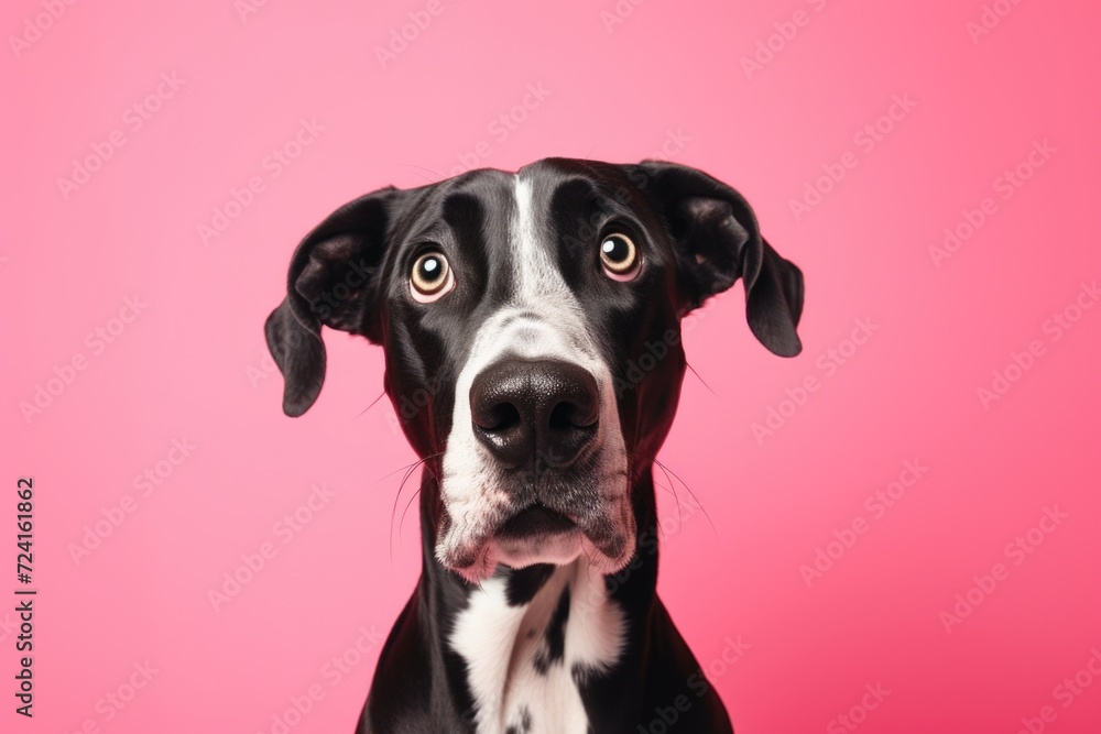 A close-up view of a dog against a pink background. This image can be used for various purposes